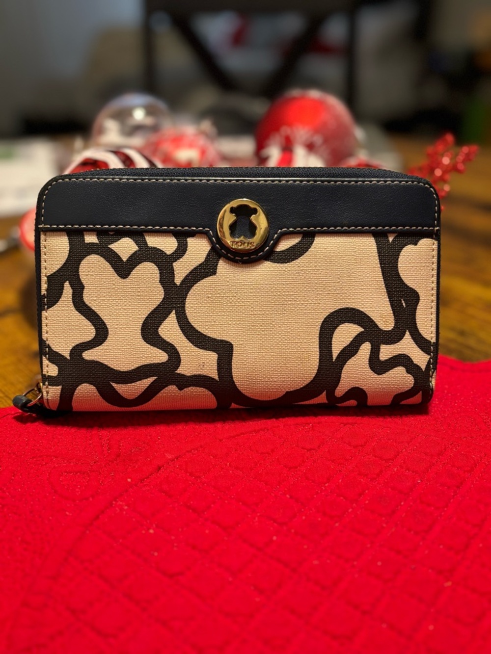 Tous Black and Beige Floral Zip Wallet with Gold Accent